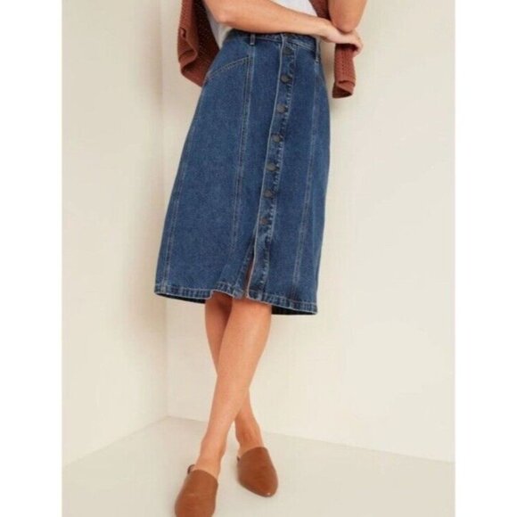 Old Navy Denim Skirt Button Front Midi Blue Jean High Waist NWT - Picture 1 of 13